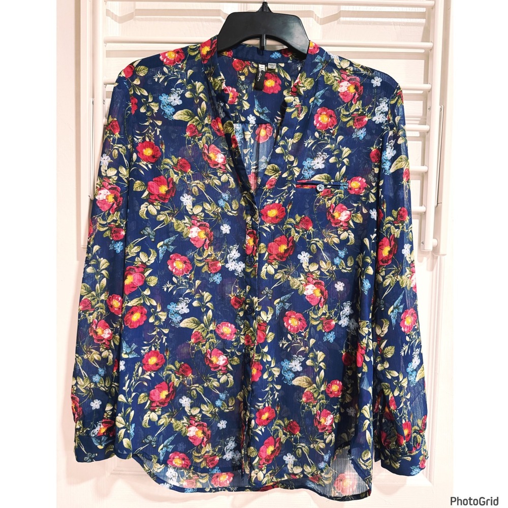 KUT from the Kloth Blue Floral Whimsy Romantic Boho Button Top Small